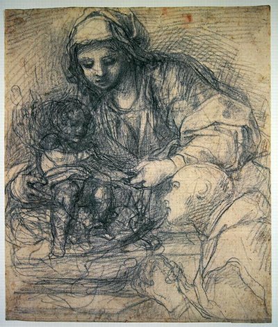 A Madonna e a Criança com um Monge Carthusiano (giz preto sobre estilete em papel azul claro) de Alessandro Tiarini