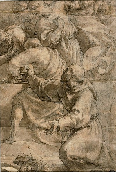 Fragmento de uma cena da Assunção (): Apóstolos, com São Francisco de Assis em primeiro plano de Alessandro Turchi
