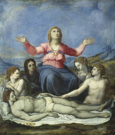 Lamentação sobre o Cristo Morto (óleo sobre liga de chumbo) de Alessandro attr. to Allori