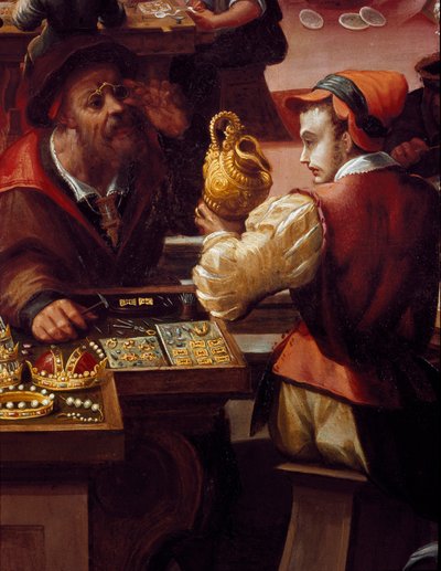 A oficina do ourives Pormenor do comércio de objetos, jóias. (Pintura de Alessandro di Vincenzio Fei
