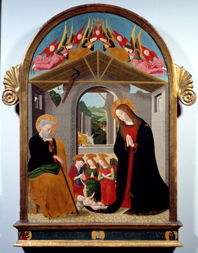 A natividade. Pintura de Esiguo Maestro (século XV). Óleo sobre tela. Dim: 0,88 x 0,57m. Rouen, Museu de Belas Artes de Alesso di  Benozzo