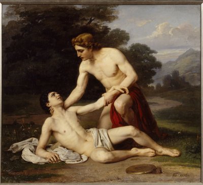 Apollo e Jacinto. O deus grego inclina-se sobre o jovem, que foi ferido no templo durante o treino do disco. Pintura de Alexander Alexeyevich Kiselev (1855 - depois de 1918), óleo sobre tela de Alexander Alexeyevich Kiselev