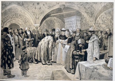 A recepção da czarina após as matinas da Páscoa. Obra de Alexander Andreyevich Chikin (1865-1924), litografia. Arte russa de Alexander Andreyevich Chikin