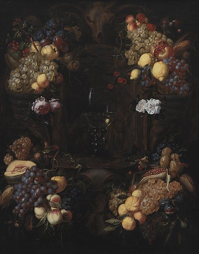 Cartouche com guirlandas de frutas e um copo de vinho de Alexander Coosemans