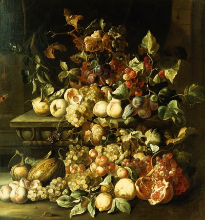Uvas, figos, framboesas e outras frutas em uma borda de pedra, de Alexander Coosemans