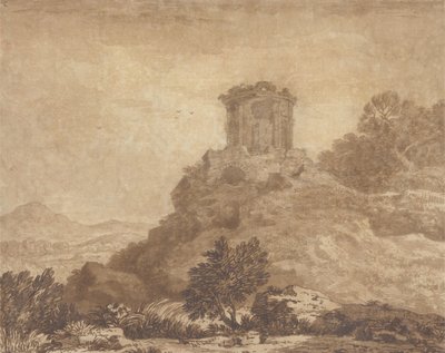 Paisagem com templo em ruínas, c.1756 (grafite e lavagem sobre papel) de Alexander Cozens