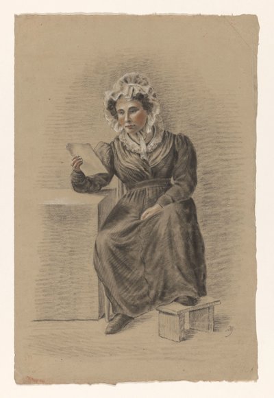 Mulher sentada com o pé no fogão, lendo uma carta de Alexander Cranendoncq