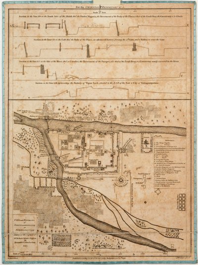 Cidade e arredores de Sirengampatanne ou Seringapatnam tiradas a pedido de Robert Adams, cirurgião, por Alexander Cesars LeGou 1775. de Alexander Dalrymple