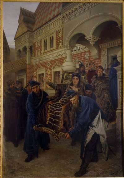 Boyarin Morozova. (Boyarynya Morozova). Feodosia Prokofiyevna Morozova (1632-1675), uma fervorosa defensora do rito dos Velhos Crentes, fez votos monásticos sob o nome de Theodora. Ela é descrita durante sua prisão por apoiadores da quadrilha de Alexander Dimitrievitch Litovtchenko