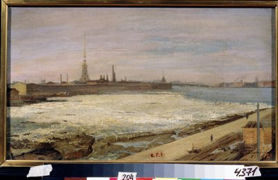 Deriva do gelo no rio Neva em São Petersburgo. No fundo, a catedral de São Pedro e Paulo e a fortaleza. Pintura de Alexander Dmitrievich Litovchenko (Litovtchenko) (1835-1890), óleo sobre tela de Alexander Dimitrievitch Litovtchenko