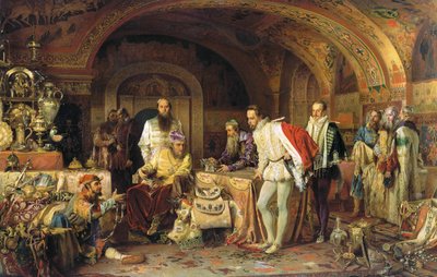 Ivan IV da Rússia demonstra seus tesouros ao embaixador da rainha Elizabeth I da Inglaterra, 1875 de Alexander Dmitrievich Litovchenko