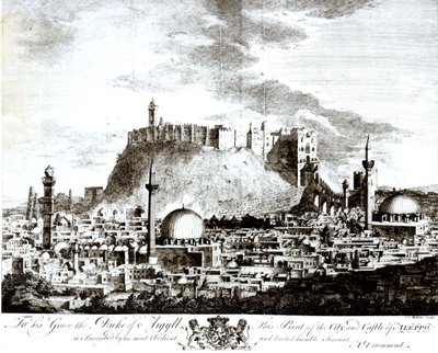 Uma vista da cidade e do castelo de Aleppo, Síria, 1754 de Alexander Drummond