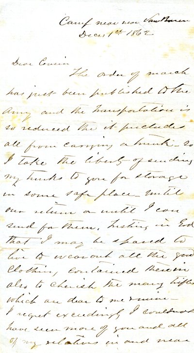 Carta assinada por A.E. Steen, acampamento perto de Van Buren, à sua prima Sra. Mary Walker, Van Buren, Ark., 1 de Dezembro de 1862 de Alexander Early Steen