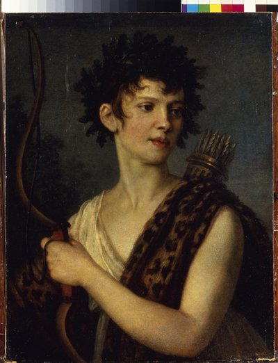 Retrato da actriz e bailarina E. Kolosova (1782-1869). Representado segurando um arco e carregando uma aljava cheia de flechas, coroado com folhas de carvalho e vestido com pele de leopardo. Pei de Alexander Grigoryevich Vanek