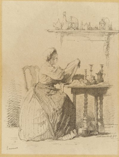 Empregada sentada na mesa de limpeza. Ecureuse (título no objeto) de Alexander Hugo Bakker Korff