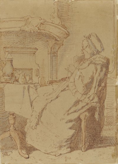 Sentada, a tricotar velhinha a uma mesa de Alexander Hugo Bakker Korff