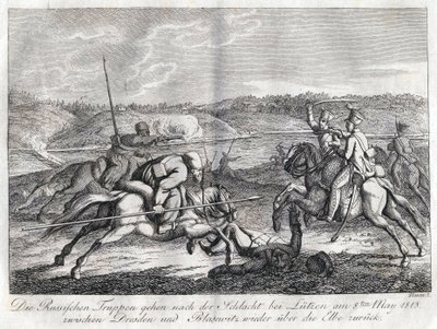 Tropas russas vão após a Batalha de Lutzen de volta ao Elba - Sauerweid, Alexander Ivanovich (1783-1844) - 1813 - Etching - 21x26 - Coleção Privada de Alexander Ivanovich Sauerweid