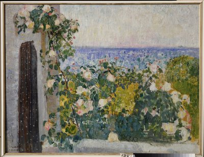 Flores na varanda em Roma (Itália). Pintura de Alexander Ivanovich Savinov (1881-1942), óleo sobre tela de Alexander Ivanovich Savinov