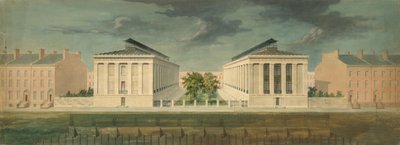 Projeto não executado para perspectiva de desenvolvimento de terraço entre blocos, ca. 1831. de Alexander Jackson Davis