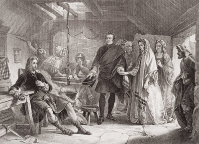 O primeiro encontro do Príncipe Charles e Flora Macdonald na ilha de South Uist, 1747, de "Ilustrações da História Escocesa e Inglesa", Volume II de Alexander Johnston