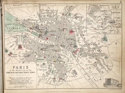 Mapa de Paris no Surto da Revolução Francesa, 1789, publicado por William Blackwood and Sons, Edimburgo e Londres, 1848 (gravura colorida à mão) de Alexander Keith Johnston