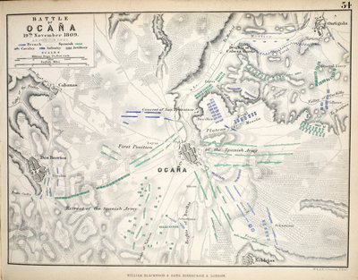 Mapa da Batalha de Ocana, publicado por William Blackwood and Sons, Edimburgo e Londres, 1848 (gravura colorida à mão) de Alexander Keith Johnston