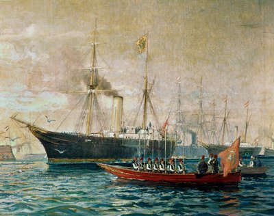 Chegada do Imperador Francisco José I a bordo do seu HMS Greif a Port Said, para a abertura do Canal do Suez ... (pintura sobre tela) de Alexander Kirchner