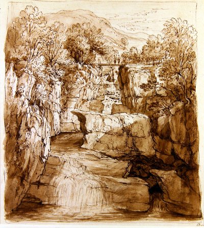 The Bracklinn Falls, Perthshire, c.1810 (caneta e tinta marrom com lavagem em papel) de Alexander Nasmyth
