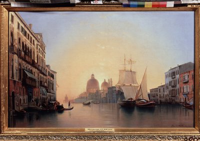 Manhã em Veneza (Itália) (Manhã em Veneza). Veleiros e gôndola no Grande Canal com o sol nascente, ao fundo destaca-se a Basílica de Santa Maria Della Salute. Pintura de Alexander (Alexander) Nikolayevich Mordvinov (1799-1858), óleo sobre tela de Alexander Nikolayevich Mordvinov
