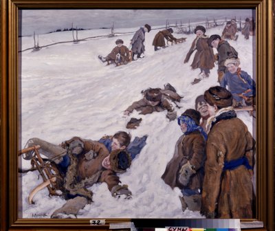 Desportos de Inverno. Cena de trenó, num campo nevado, as crianças vestidas calorosamente estão a divertir-se e a rir-se em voz alta. Pintura de Alexander Viktorovich (Alexander Victor) Moravov (1878-1951), óleo sobre tela de Alexander Viktorovich Moravov