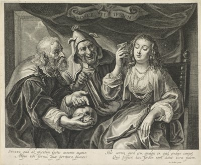 Mulher com um pente se olha no espelho Nosce te Ipsvm (título no objeto) de Alexander Voet (II)
