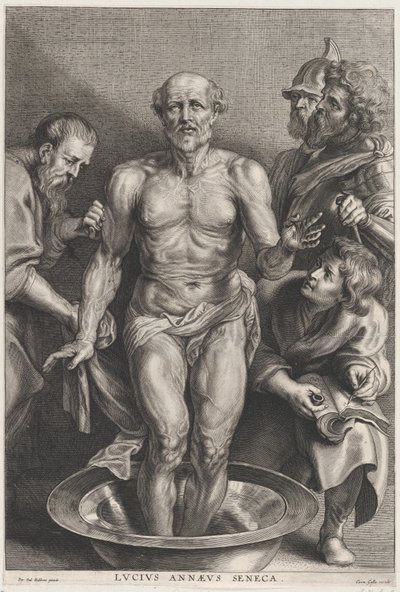 A Morte de Sêneca, de pé no centro com os pés em uma bacia de água, apoiado..., ca. 1655-78. de Alexander Voet