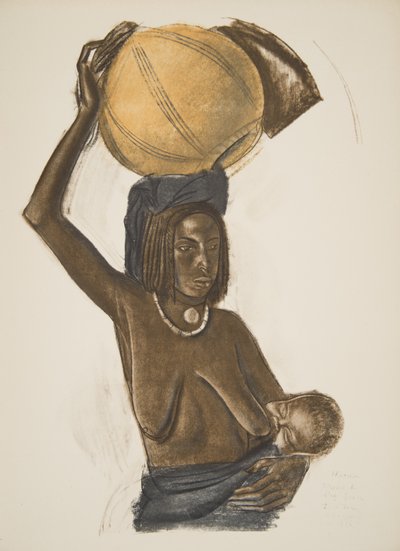 Mulher árabe Ouled Gopo com seu filho (Fort Lamy), de Cartoons and Paintings of Africa, executado durante a expedição Citroen Centre Afrique, segunda missão Haardt Audouin-Dubreuil, pub. Paris 1 de Alexander Yakovlev