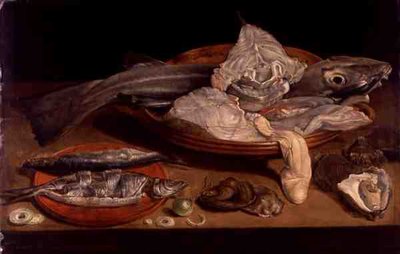 Natureza Morta com Peixes e Ostras (óleo no painel) de Alexander van Adriaenssen
