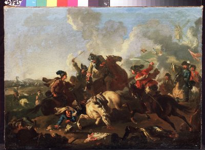 Cena da Batalha de Poltava (ou Pultawa, na Ucrânia). Batalha que teve lugar a 8 de Julho de 1709, entre o exército de Pedro I da Rússia (conhecido como O Grande de Alexander von Kotzebue