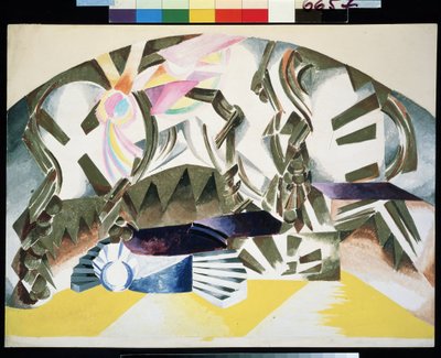 Decor preparatoire pour la peça Romeo et Juliette de William Shakespeare (1564-1616) (Desenho de palco para a peça Romeu e Julieta de W.Shakespeare). Descrição abstracto, avec des escaliers. Oeuvre de Alexandra Alexandrovna Exter (1882-1949), gouache sur de Alexandra Alexandrowna Exter