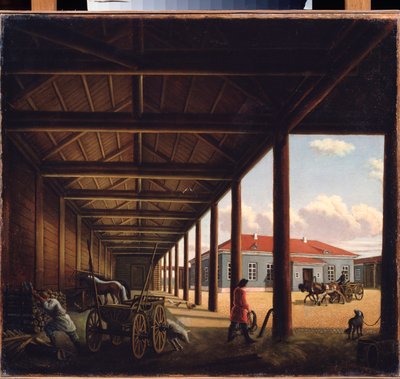 Estação de diligências - Pintura de Alexandra Alexeyevna Venetsianova (1816-1882), óleo sobre tela, arte russa do século XIX - Galeria de Arte Regional, Tver (Rússia) de Alexandra Alexeyevna Venetsianova
