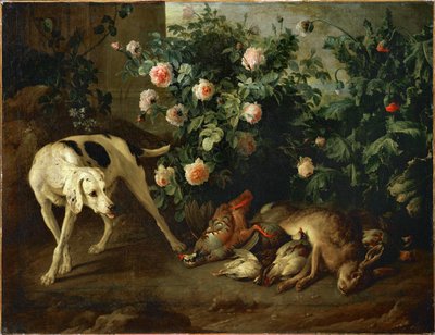 Cão que guarda a caça perto de uma roseira - Chien gardant du gibier aupres d