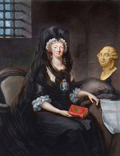 Retrato de Maria Antonieta (1755-1793) em profundo luto na prisão do Templo (ou "Maria Antonieta no Concierge, em luto, com um camafeu, pendente retratando o Delfim, segurando uma vida de Maria, Rainha dos Escoceses, um busto de Luís XVI e o Te de Alexandre (after) Kucharski