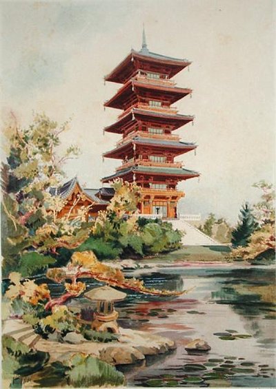Torre japonesa no Royal Park em Laeken, Bélgica, de Orientalisme et Architecture Contemporaine, gravada por Jules Adolphe Chauvet (n.1828) (ver também 171915, 172965, 172990) de Alexandre Auguste Louis Marcel