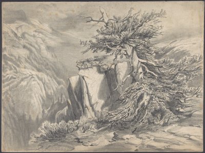 Árvore quebrada numa paisagem montanhosa de Alexandre Calame