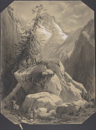 Três cabras numa paisagem montanhosa de Alexandre Calame