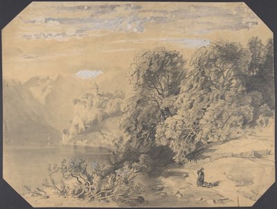 Mulher com um cão junto a um lago de montanha de Alexandre Calame