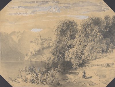 Mulher com um cachorro em um lago de montanha, início a meados do século XIX. de Alexandre Calame
