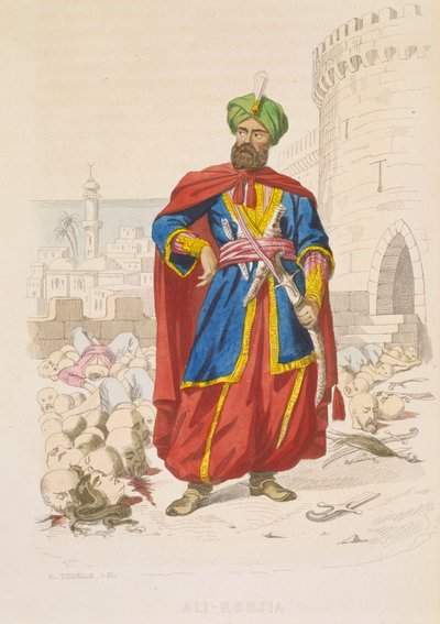 Ali Khoja, soberano de Argel 1816-1818, resplandecente com um turbante verde e empunhando uma bela espada, está rodeado pelas cabeças decepadas dos inimigos vencidos após o bombardeamento de 1816, meados do século XIX (gravura a cores) de Alexandre Debelle