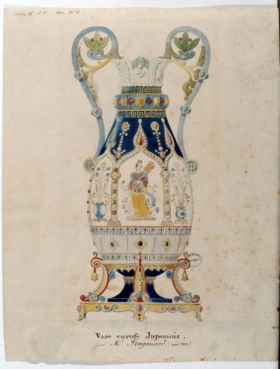 Vaso de Jarra Japonesa Aquarela de Alexandre Evariste Fragonard (1780-1850) 1832 Sevres. Fabricação de Porcelana de Alexandre Evariste Fragonard