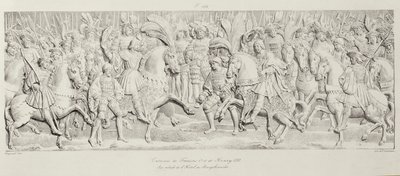 Encontro de Francois I e Henrique VIII no Campo do Pano de Ouro, depois do relevo de pedra esculpida no Hotel de Bourgtheroulde, Rouen, Normandia, 1501-37, gravado por Godefroy Engelmann (1788-183) de Alexandre Evariste Fragonard