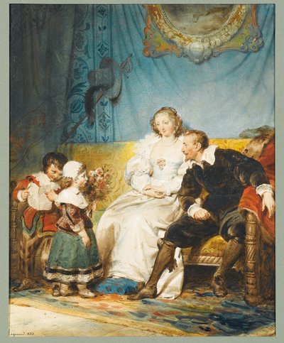 Rubens e Hélène Fourment sentados com Frans segurando uma carta e Isabelle Hélène dando-lhes um buquê de rosas de Alexandre Evariste Fragonard