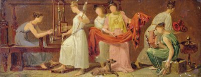 Seis mulheres tecendo em um interior (óleo sobre papel colocado no painel) de Alexandre Evariste Fragonard