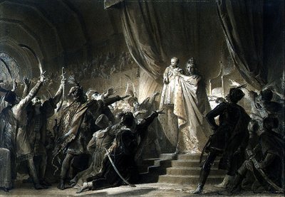 A Imperatriz Maria-Theresa (1717-80) apresenta o futuro José II aos Magnatas da Hungria (grafite, sépia lava com tinta e guache sobre papel) de Alexandre Evariste Fragonard